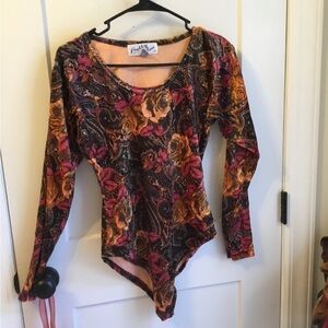 Betty Blue Floral Long Sleeve Bodysuit Velour Feel Size Large